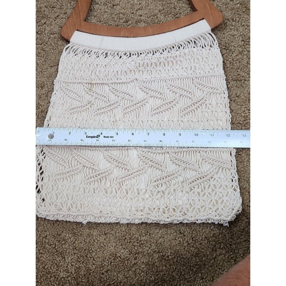 Vintage Macrame Crochet Hand Bag with Wooden Handle Cream Beachy Boho Lined - Picture 5 of 12